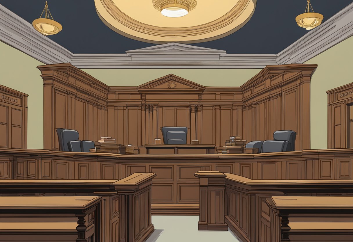 A courtroom with a judge's bench, witness stand, and audience seating. A bookshelf filled with legal texts and a scale of justice symbol on the wall